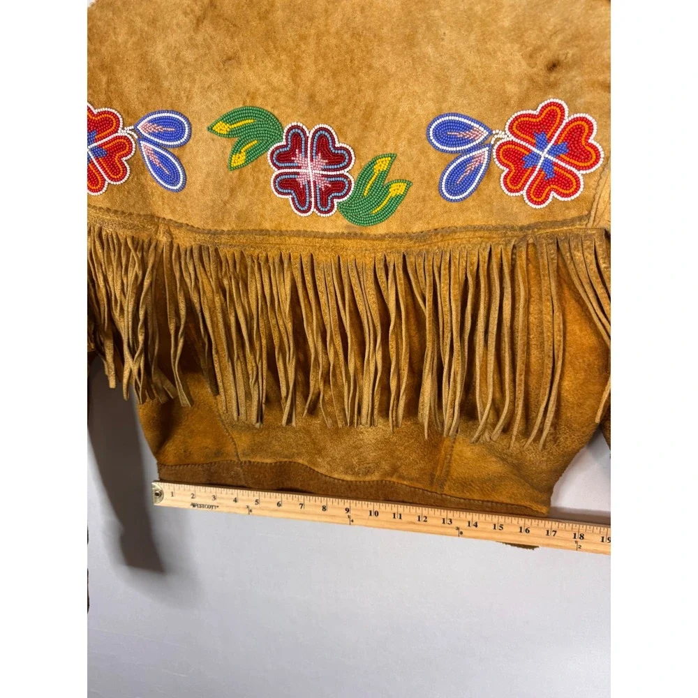 Vintage Buckskin Western Beaded Fringe Jacket Leather Floral Native Crop Women S - Picture 13 of 16